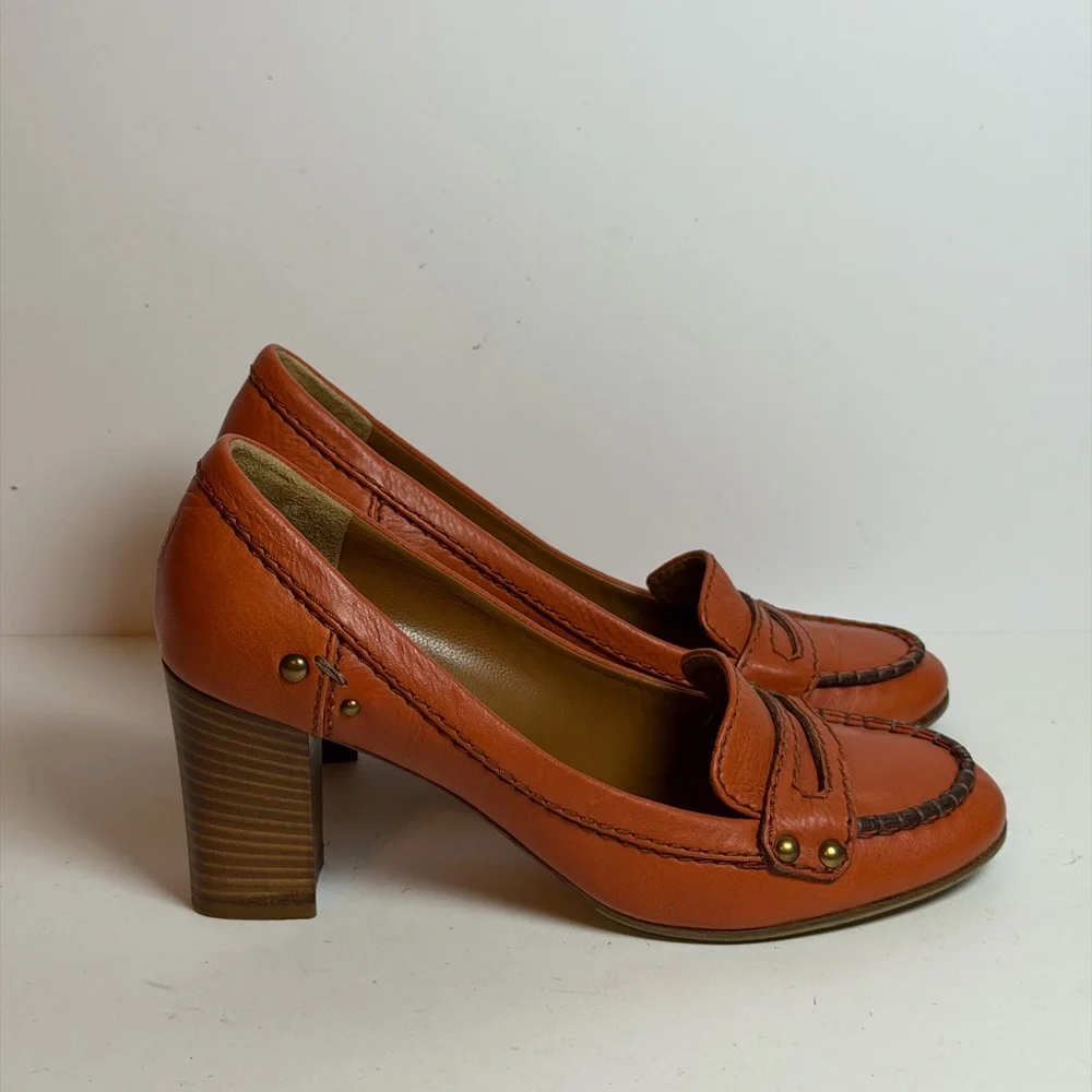 Chloe Orange Leather Pumps Block Heel Penny Loafers Size 37